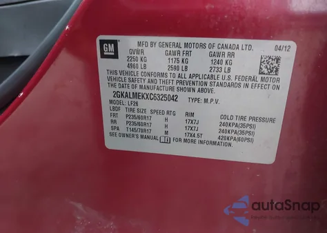 2012 GMC Terrain Sle-1 z USA, uszkodzony, nr VIN 2GKALMEKXC6325042